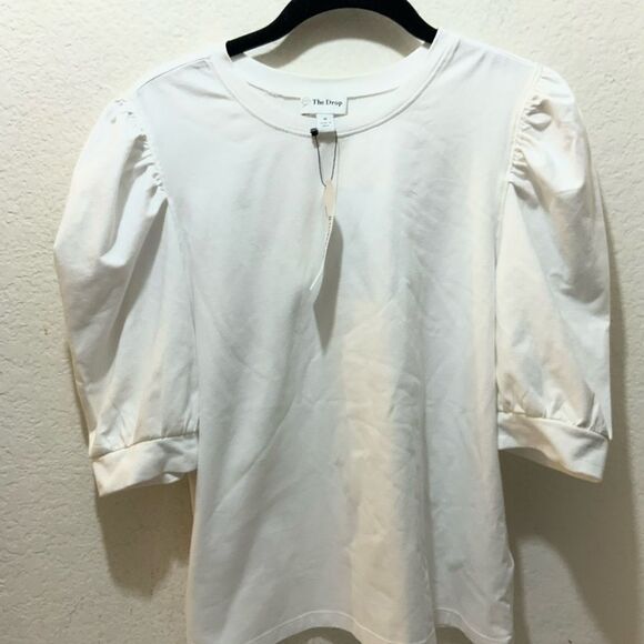 New The Drop Mariko Puff-Sleeve Crew-Neck Stretch Jersey T-Shirt in white - Picture 6 of 12